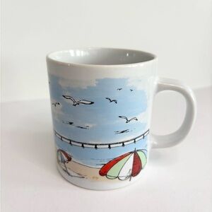 Vintage Coastal Ceramic Mug Lighthouse Beach Umbrellas Seagulls